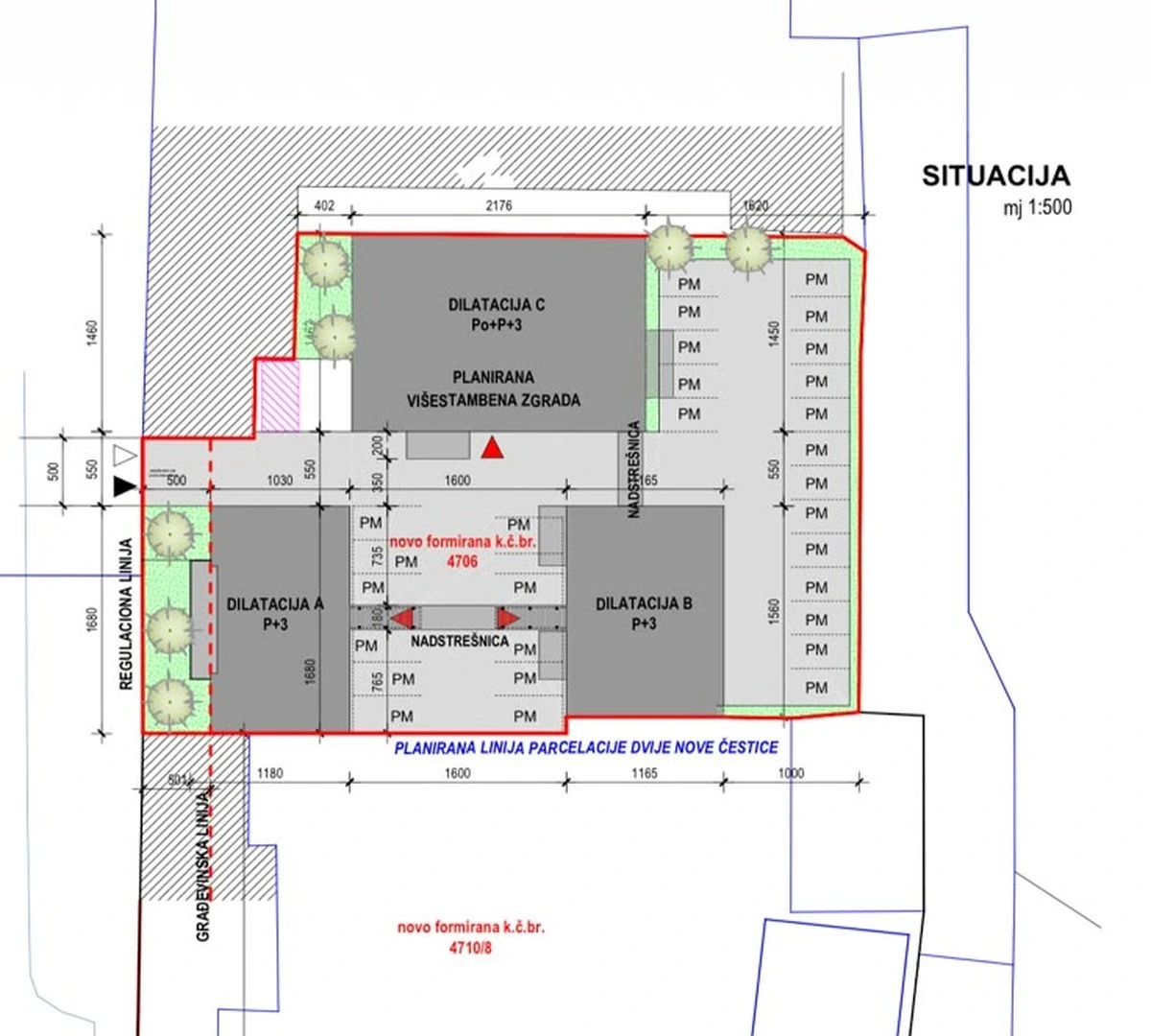 Situacija u mjerilu 1:500 — višestambena zgrada na katastarskoj čestici 4706 i susjedna čestica 4710/8